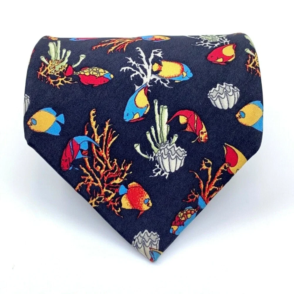 BEAUFORT Tie Rack Black Multicolor Fish Animal 100% Silk Necktie Made in Italy